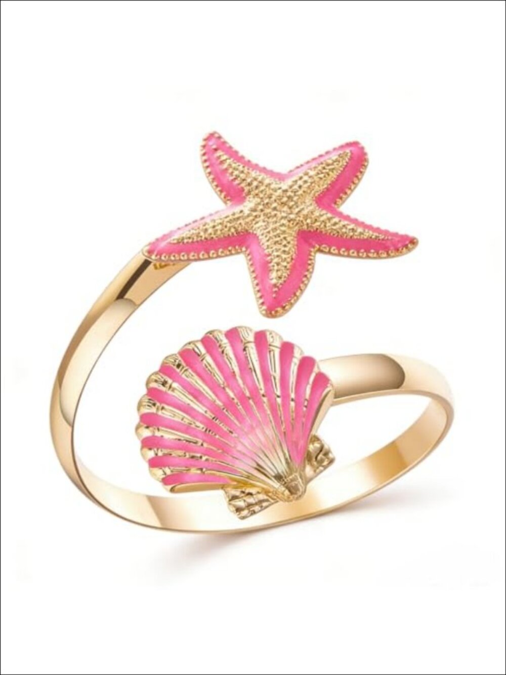 14K Gold Plated Starfish Shell Open Cuff Bracelet Adjustable Beach Bangle